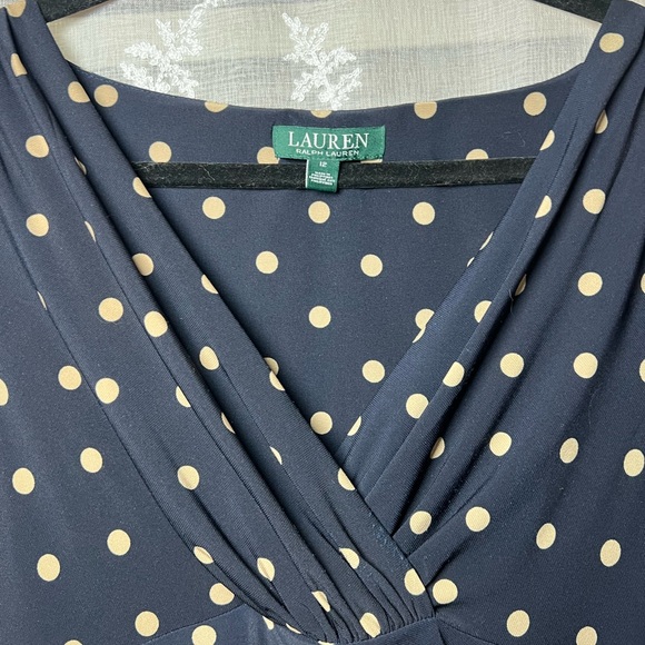 Lauren Ralph Lauren Polka Dot Midi Dress Ruched Wrap Style Navy Size 12 - Picture 9 of 11